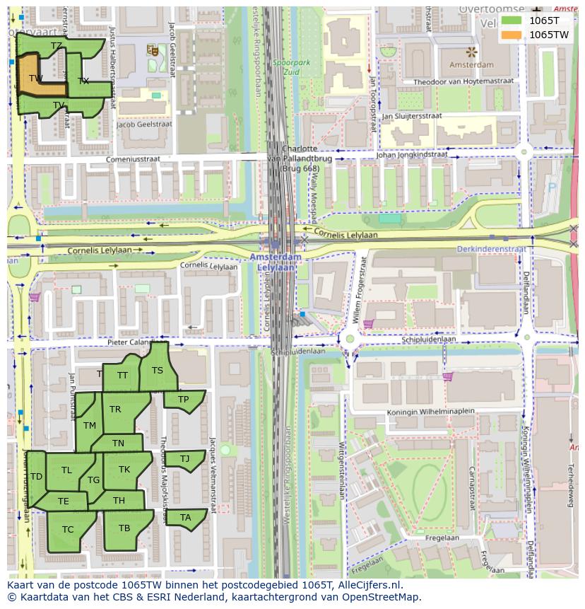 Afbeelding van het postcodegebied 1065 TW op de kaart.