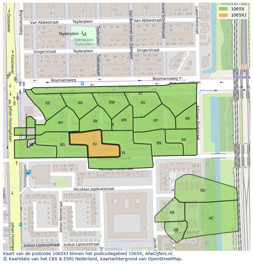 Afbeelding van het postcodegebied 1065 XJ op de kaart.