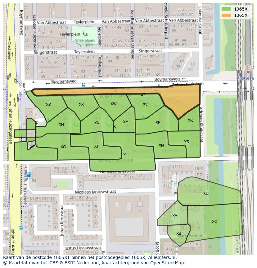 Afbeelding van het postcodegebied 1065 XT op de kaart.