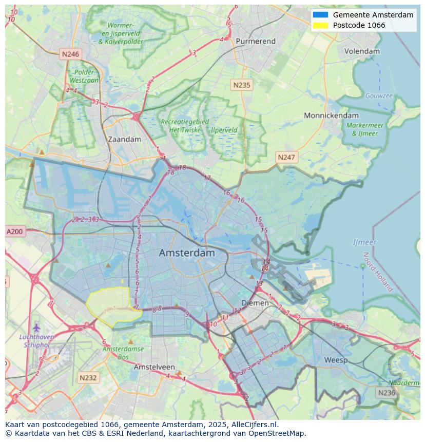 Afbeelding van het postcodegebied 1066 op de kaart.