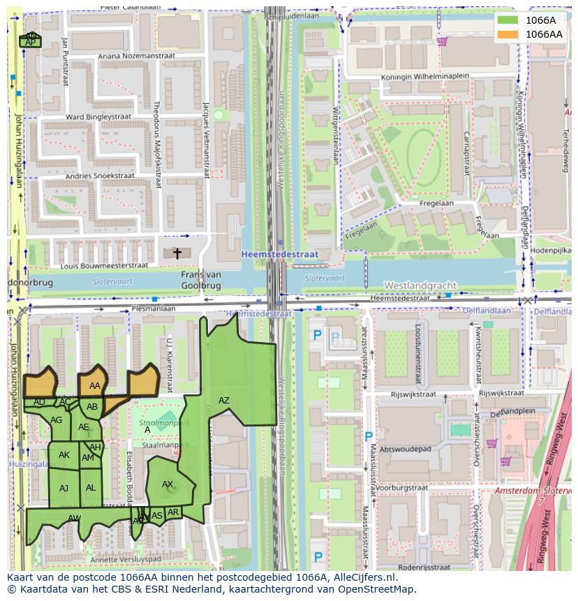 Afbeelding van het postcodegebied 1066 AA op de kaart.