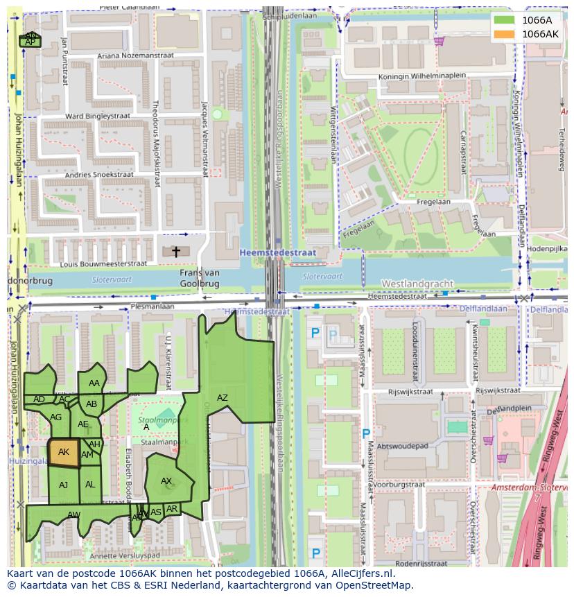 Afbeelding van het postcodegebied 1066 AK op de kaart.