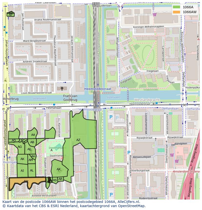 Afbeelding van het postcodegebied 1066 AW op de kaart.