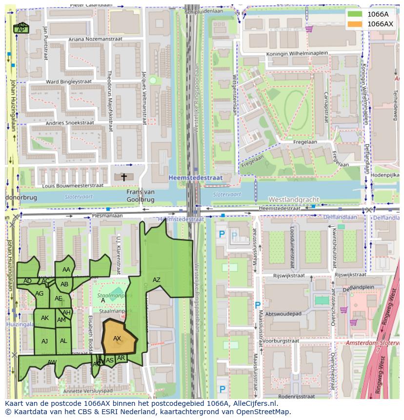 Afbeelding van het postcodegebied 1066 AX op de kaart.