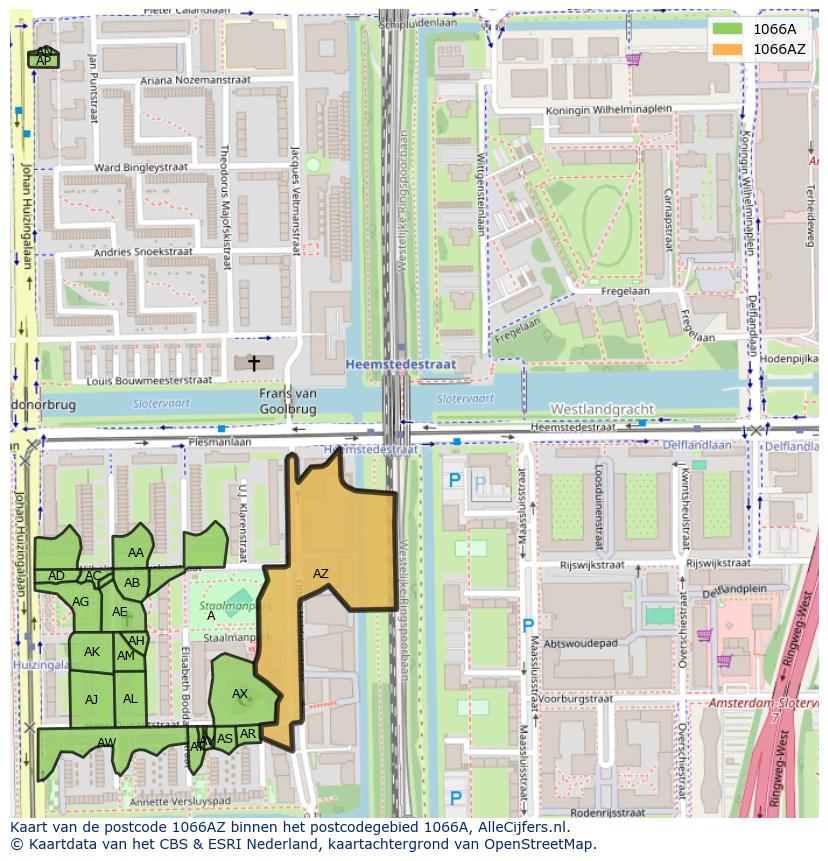 Afbeelding van het postcodegebied 1066 AZ op de kaart.