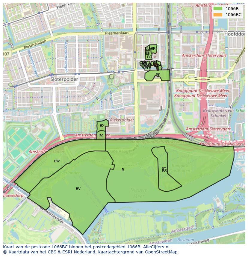 Afbeelding van het postcodegebied 1066 BC op de kaart.