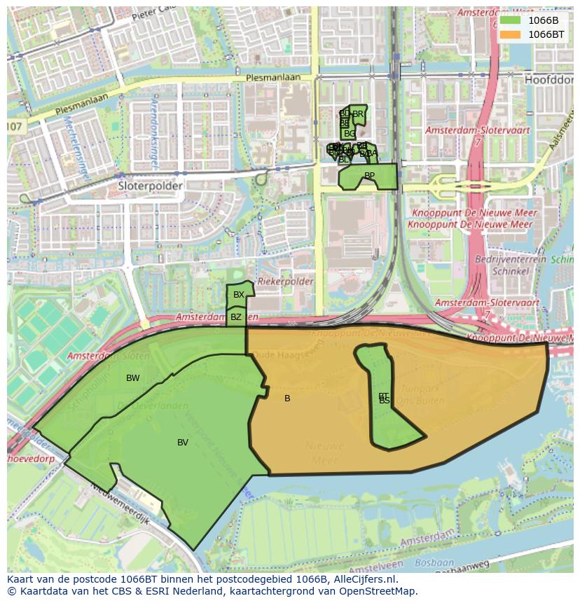 Afbeelding van het postcodegebied 1066 BT op de kaart.