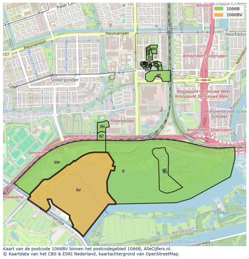 Afbeelding van het postcodegebied 1066 BV op de kaart.