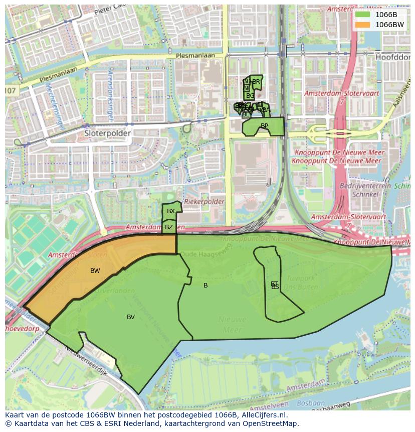 Afbeelding van het postcodegebied 1066 BW op de kaart.