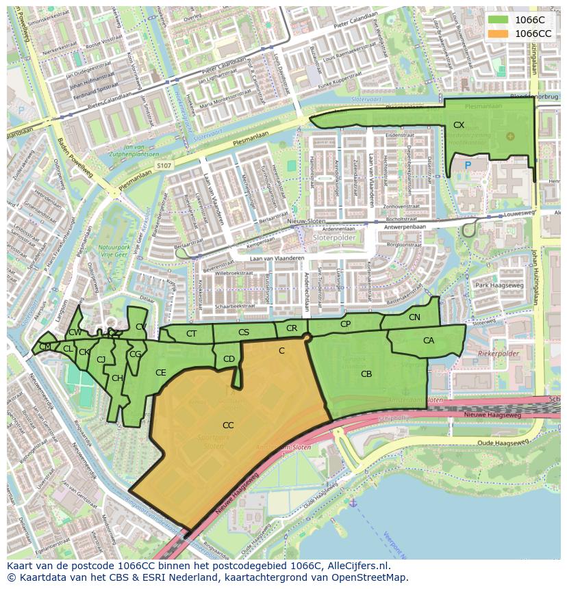 Afbeelding van het postcodegebied 1066 CC op de kaart.