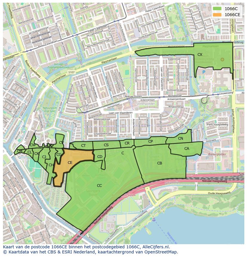 Afbeelding van het postcodegebied 1066 CE op de kaart.