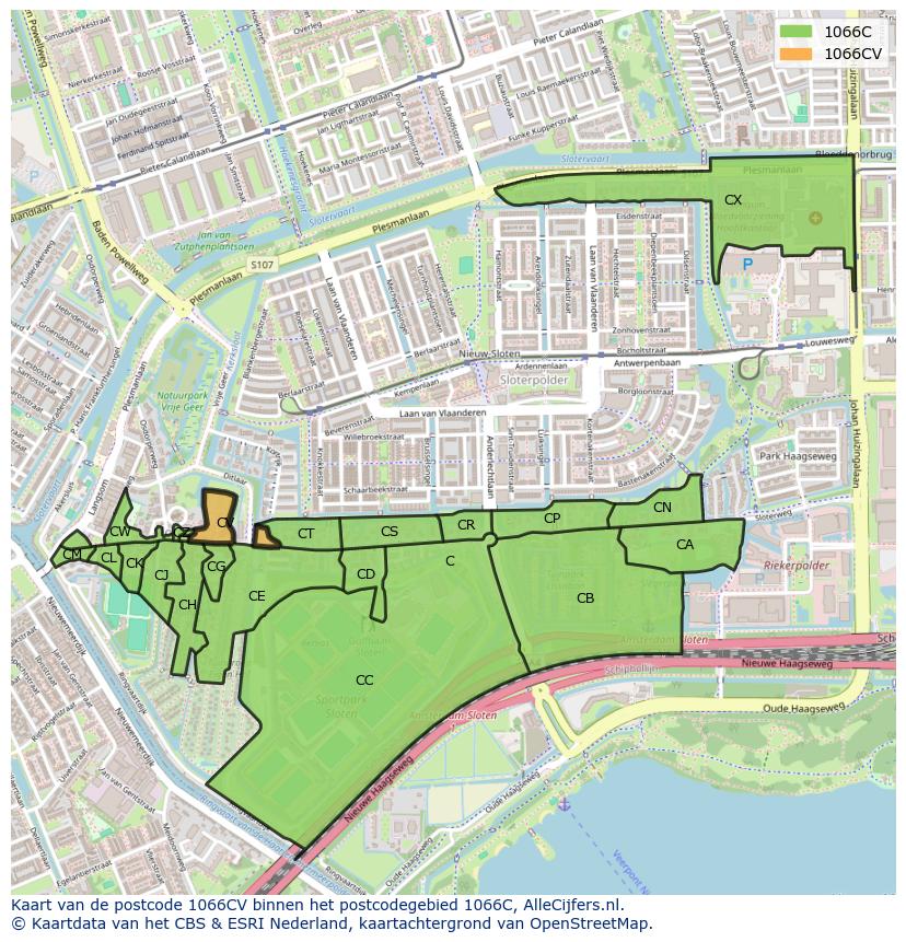 Afbeelding van het postcodegebied 1066 CV op de kaart.