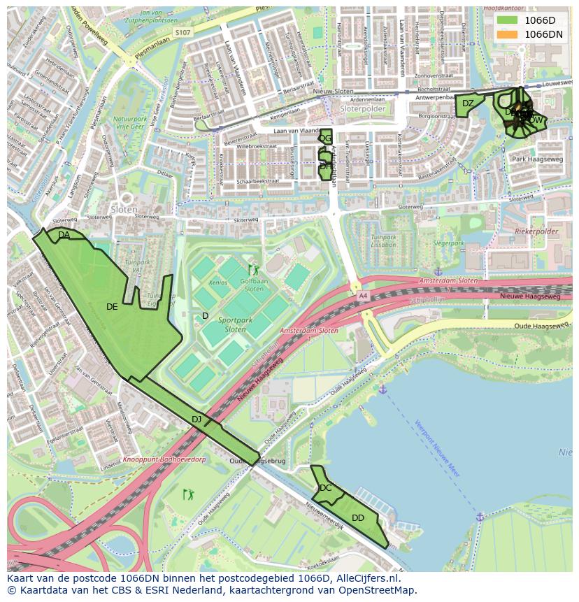 Afbeelding van het postcodegebied 1066 DN op de kaart.