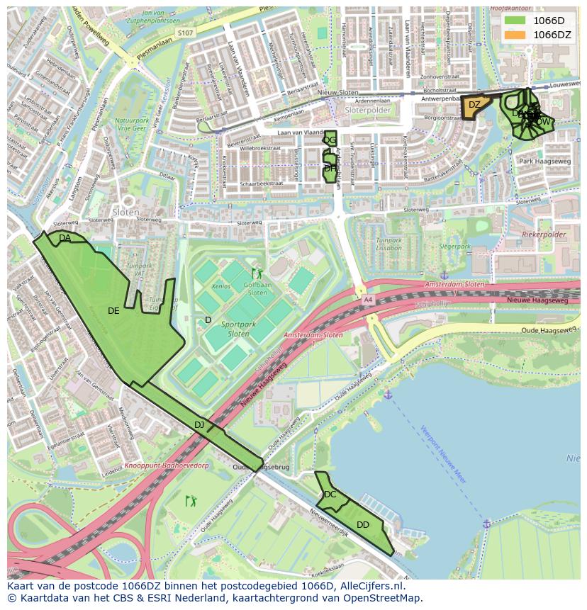 Afbeelding van het postcodegebied 1066 DZ op de kaart.