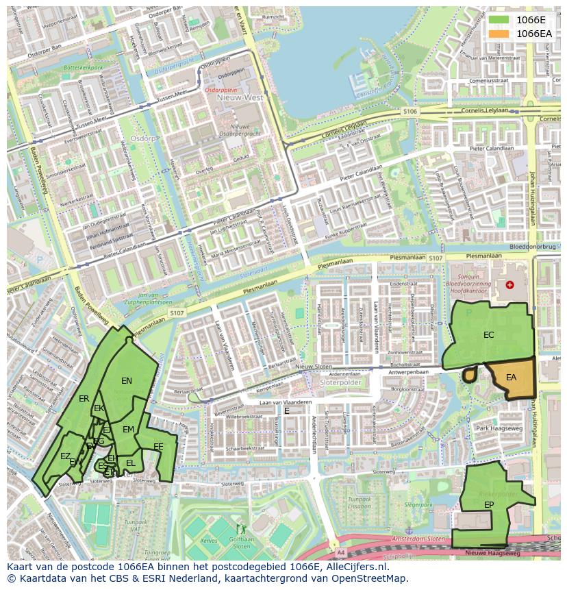 Afbeelding van het postcodegebied 1066 EA op de kaart.