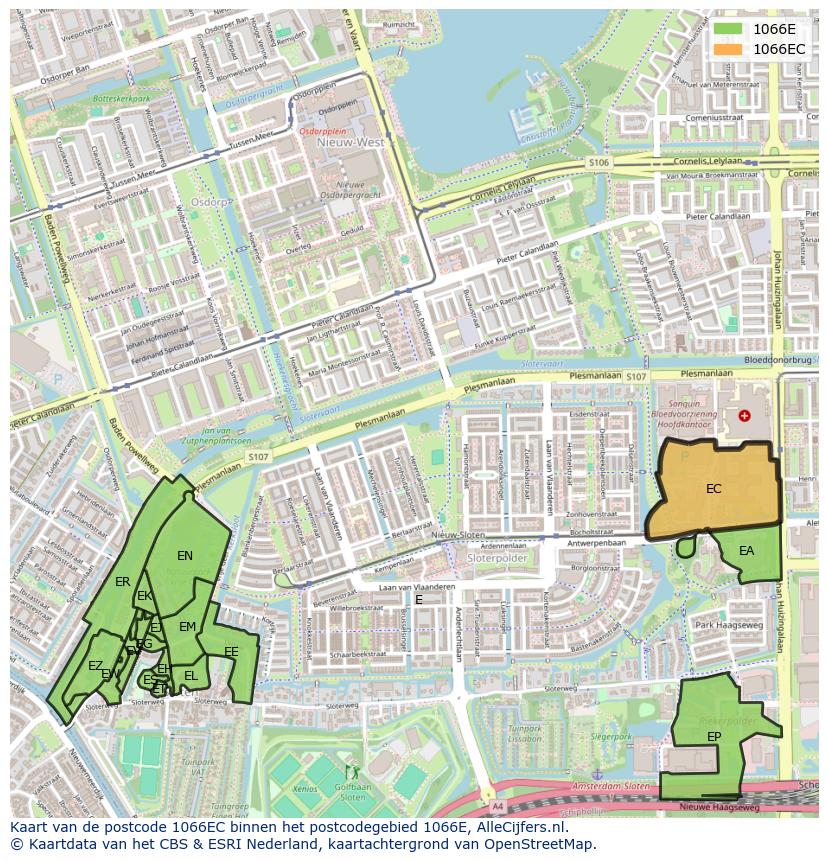 Afbeelding van het postcodegebied 1066 EC op de kaart.