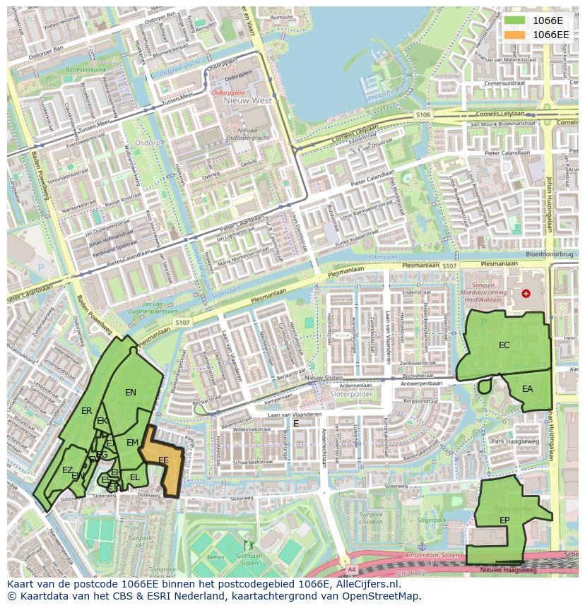 Afbeelding van het postcodegebied 1066 EE op de kaart.