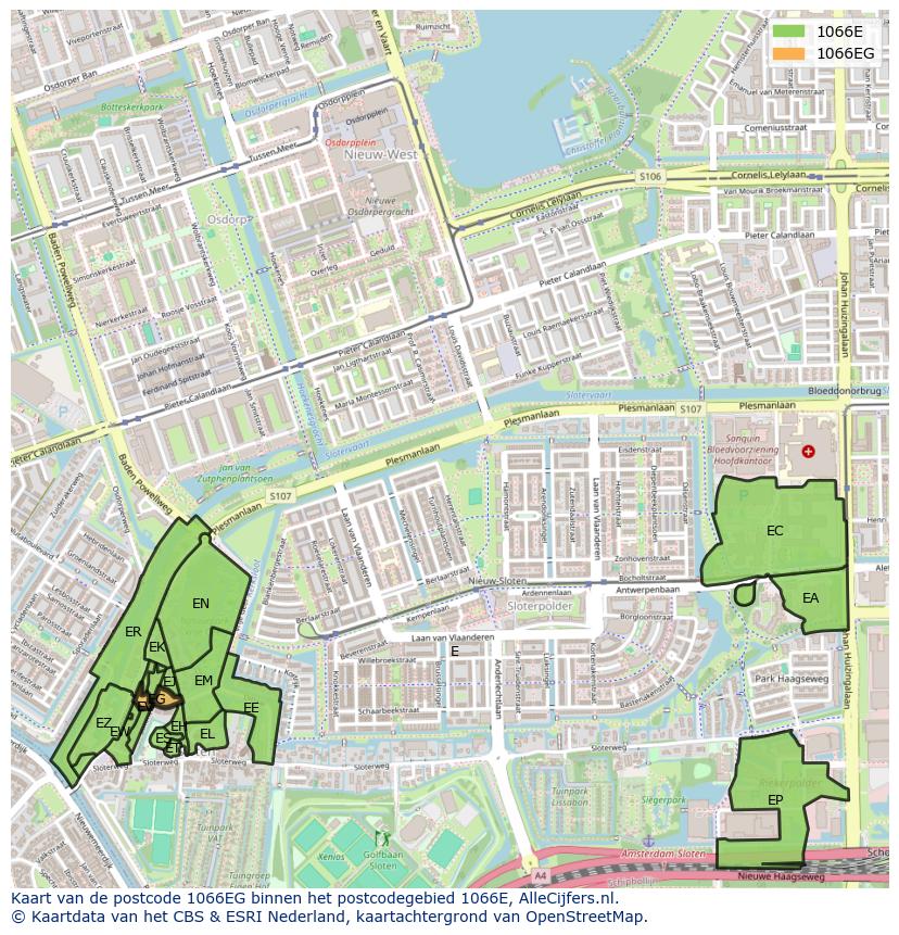 Afbeelding van het postcodegebied 1066 EG op de kaart.