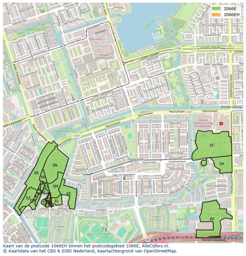 Afbeelding van het postcodegebied 1066 EH op de kaart.