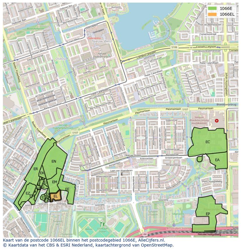 Afbeelding van het postcodegebied 1066 EL op de kaart.