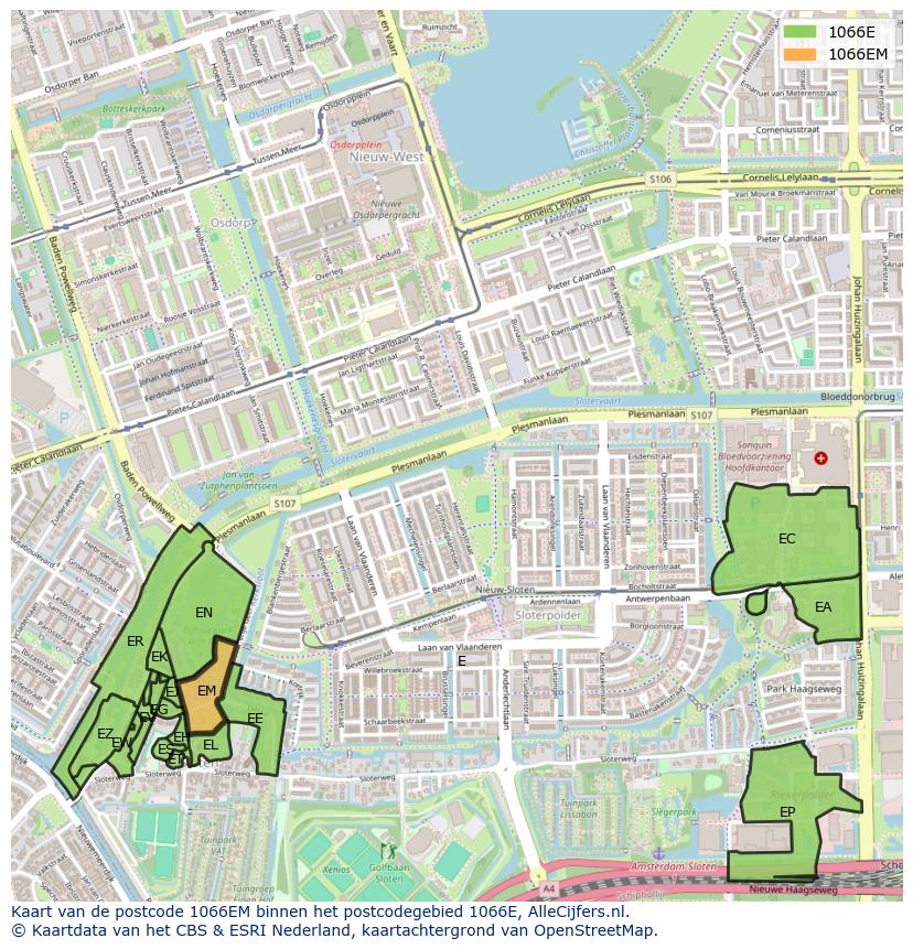 Afbeelding van het postcodegebied 1066 EM op de kaart.