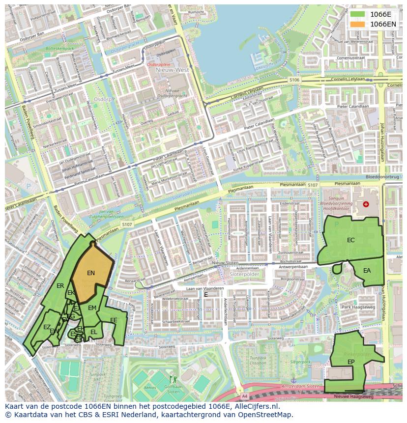Afbeelding van het postcodegebied 1066 EN op de kaart.