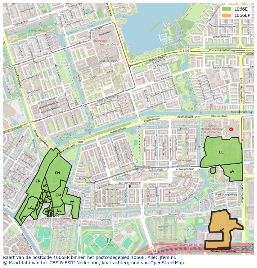 Afbeelding van het postcodegebied 1066 EP op de kaart.