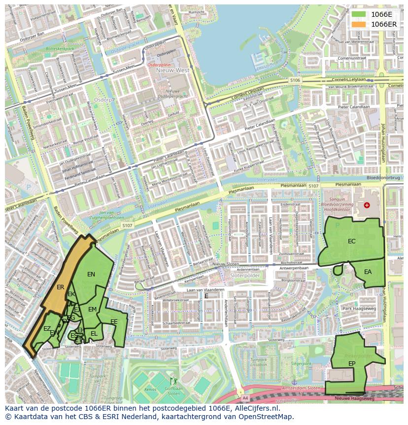 Afbeelding van het postcodegebied 1066 ER op de kaart.