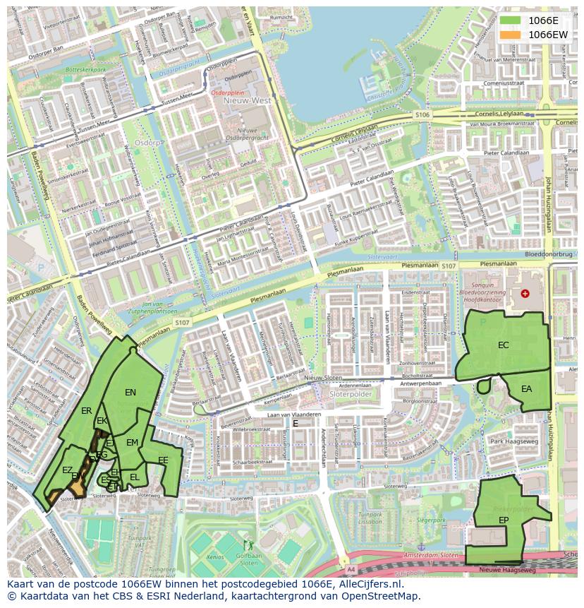Afbeelding van het postcodegebied 1066 EW op de kaart.