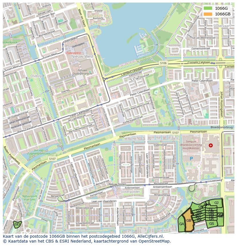 Afbeelding van het postcodegebied 1066 GB op de kaart.