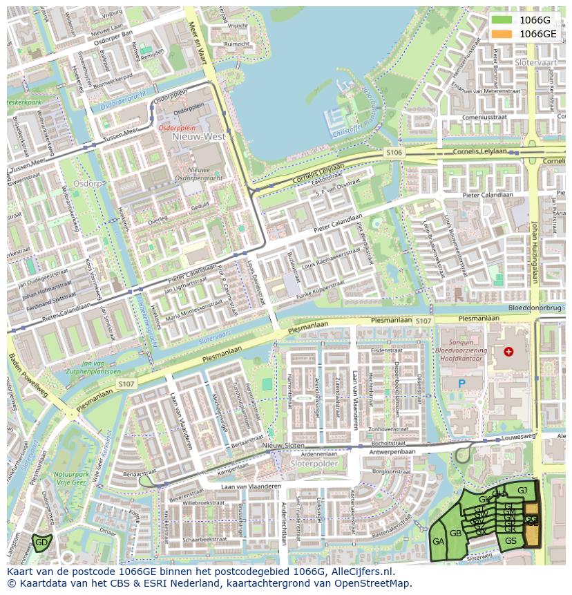 Afbeelding van het postcodegebied 1066 GE op de kaart.