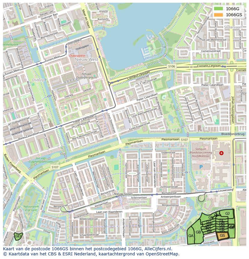 Afbeelding van het postcodegebied 1066 GS op de kaart.
