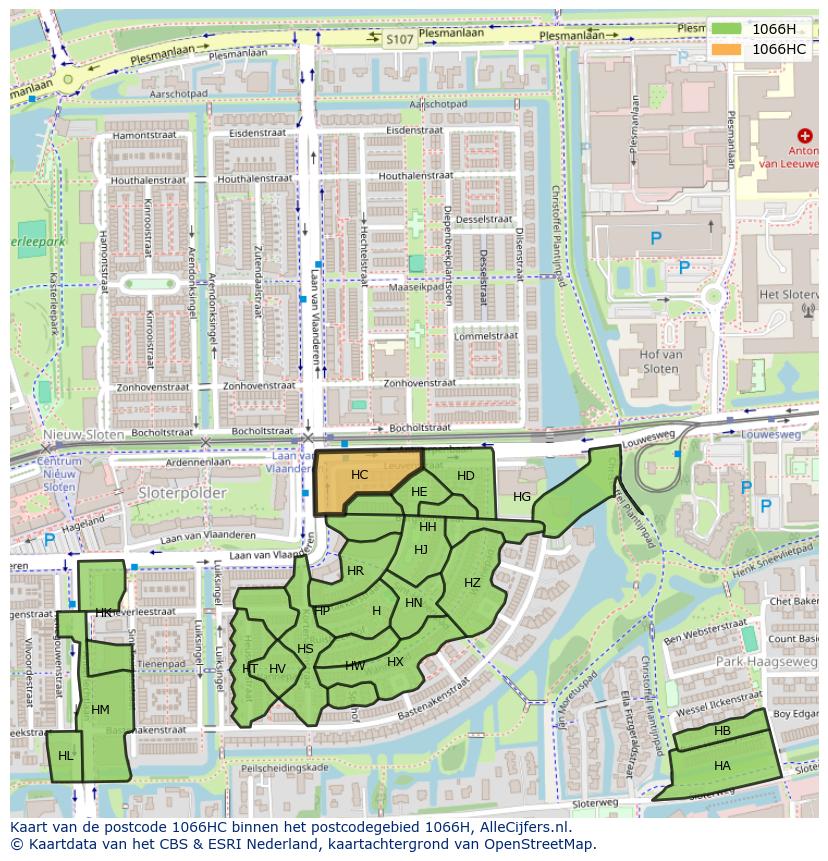 Afbeelding van het postcodegebied 1066 HC op de kaart.