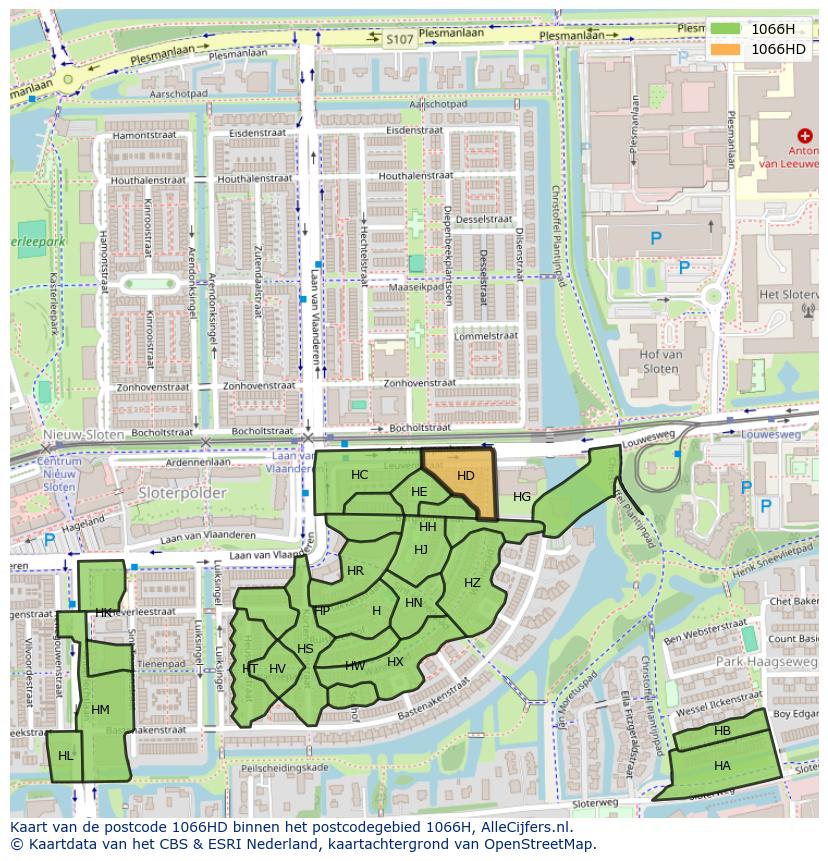 Afbeelding van het postcodegebied 1066 HD op de kaart.