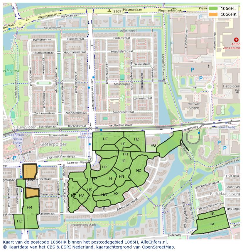 Afbeelding van het postcodegebied 1066 HK op de kaart.