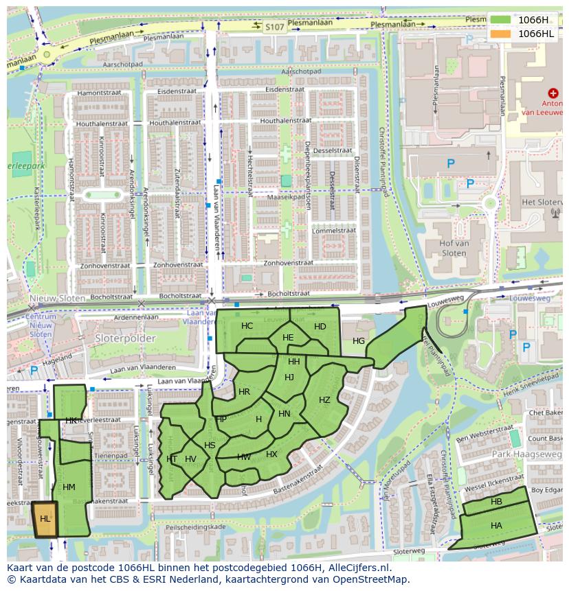 Afbeelding van het postcodegebied 1066 HL op de kaart.