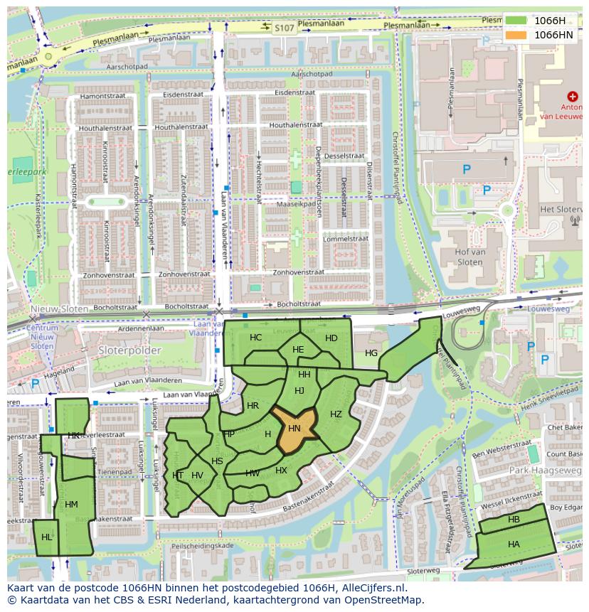 Afbeelding van het postcodegebied 1066 HN op de kaart.