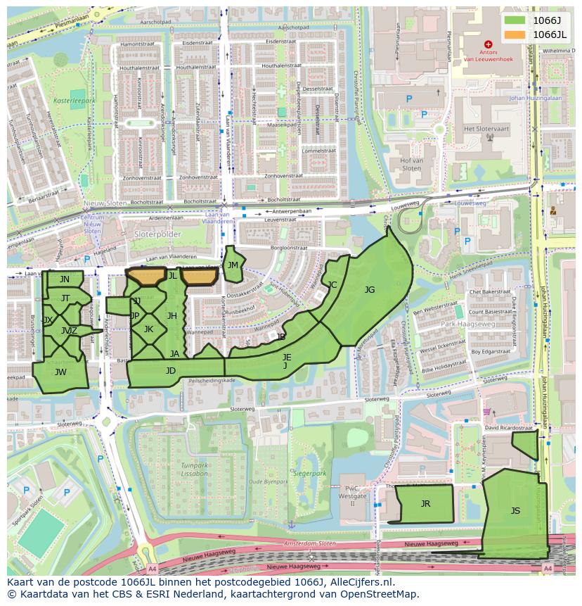 Afbeelding van het postcodegebied 1066 JL op de kaart.