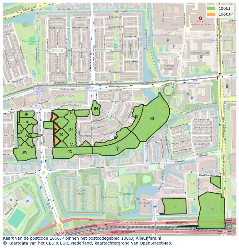 Afbeelding van het postcodegebied 1066 JP op de kaart.