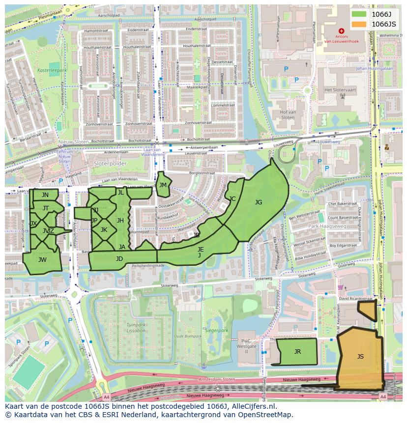Afbeelding van het postcodegebied 1066 JS op de kaart.