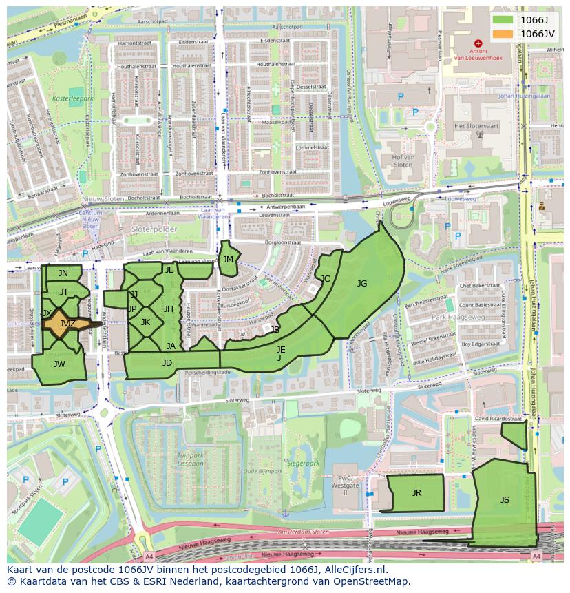 Afbeelding van het postcodegebied 1066 JV op de kaart.