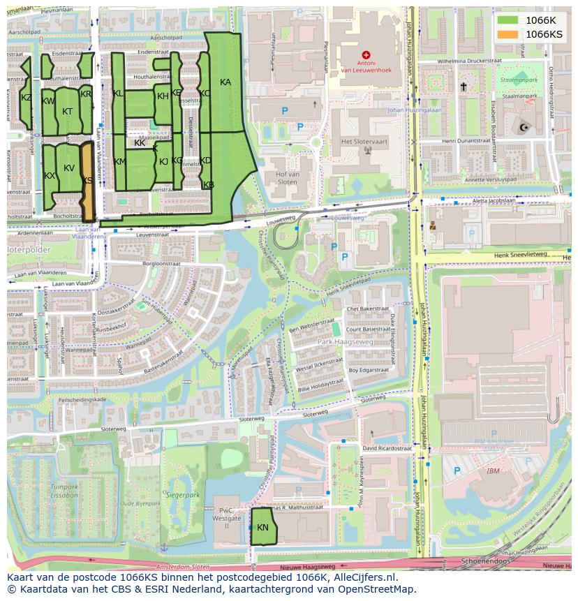 Afbeelding van het postcodegebied 1066 KS op de kaart.