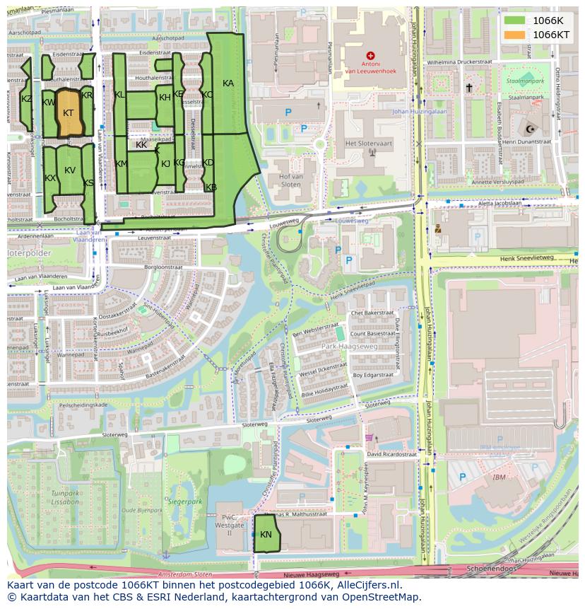 Afbeelding van het postcodegebied 1066 KT op de kaart.