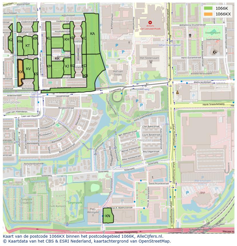 Afbeelding van het postcodegebied 1066 KX op de kaart.