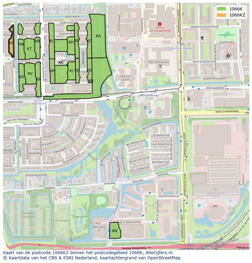 Afbeelding van het postcodegebied 1066 KZ op de kaart.