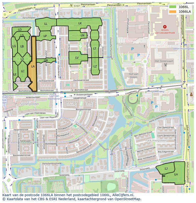 Afbeelding van het postcodegebied 1066 LA op de kaart.