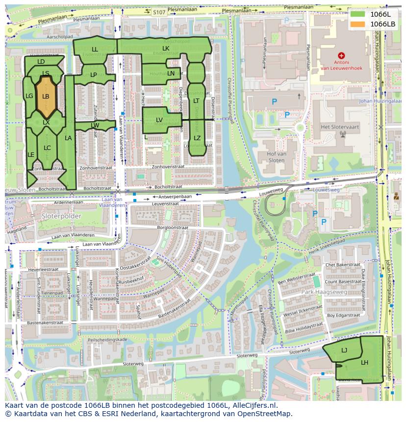Afbeelding van het postcodegebied 1066 LB op de kaart.