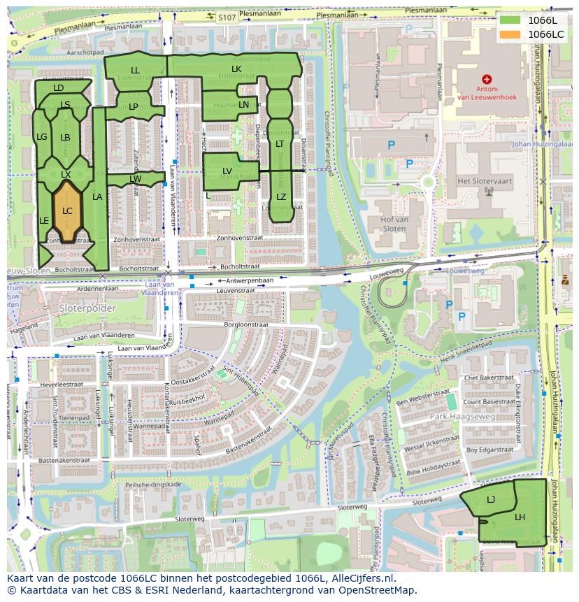 Afbeelding van het postcodegebied 1066 LC op de kaart.