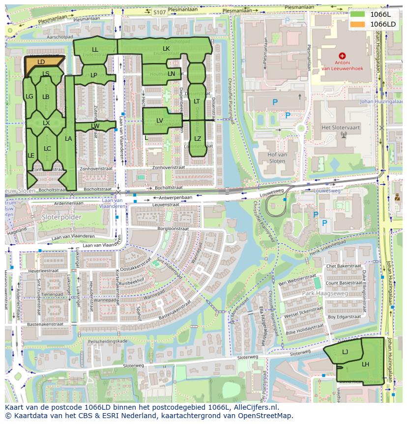 Afbeelding van het postcodegebied 1066 LD op de kaart.