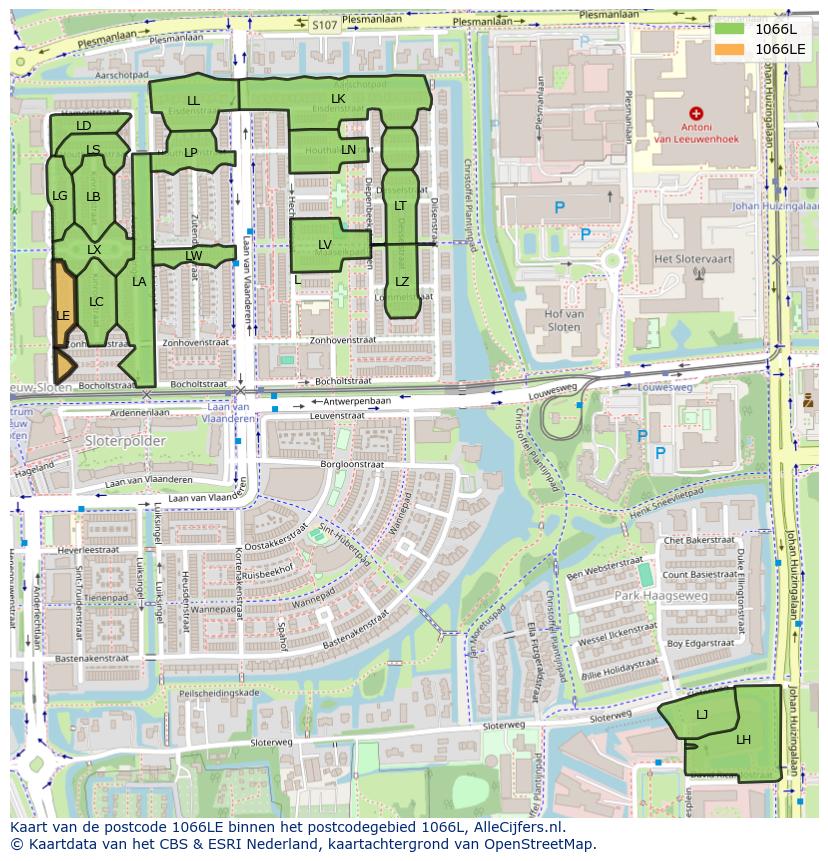 Afbeelding van het postcodegebied 1066 LE op de kaart.